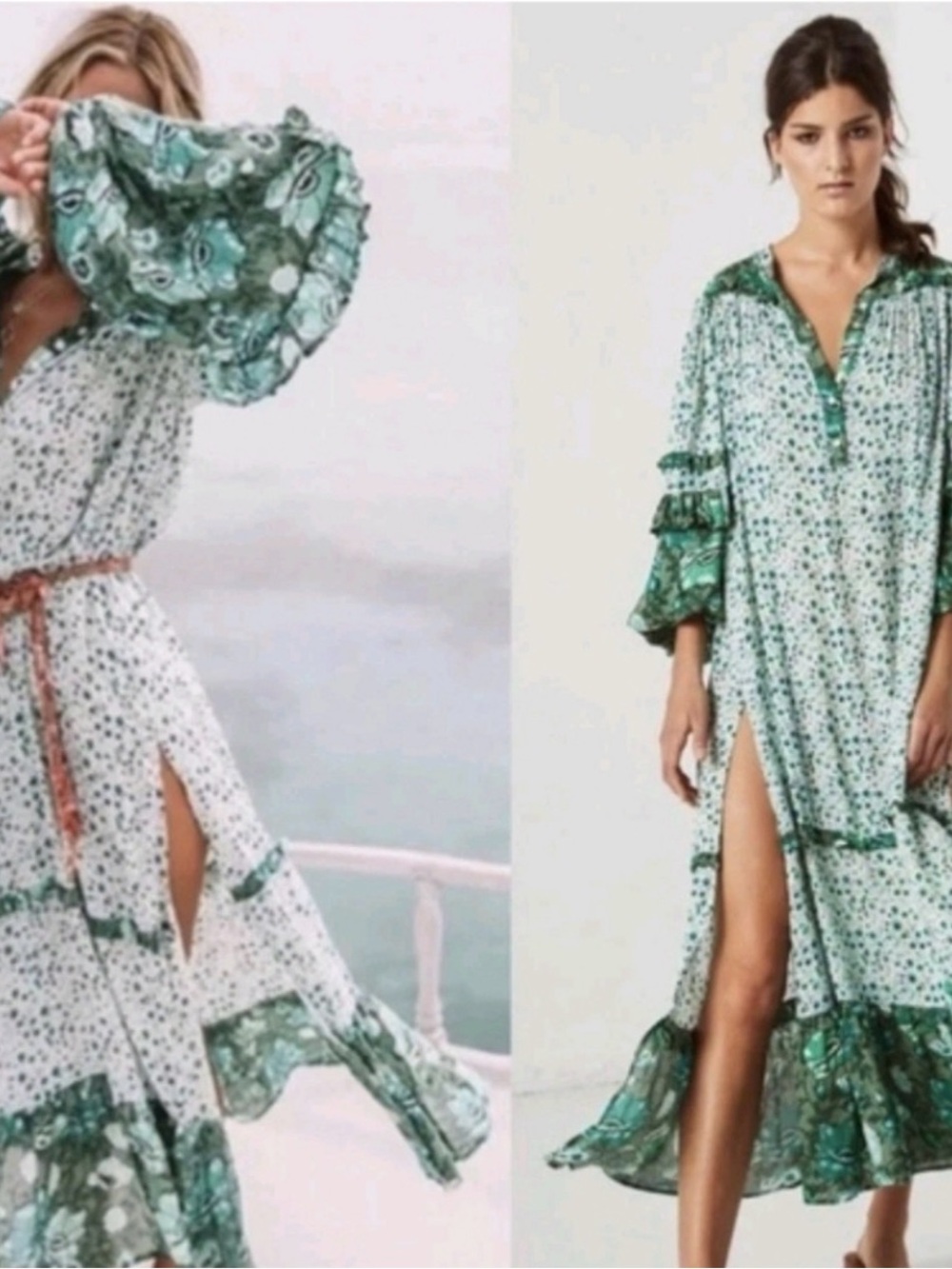 Spell Winona Boho Green Floral Maxi Dress with Ruffled Hem